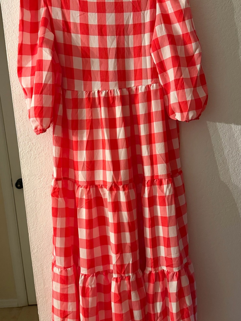 Red and White Gingham Maxi Dress with Tiered Skirt - Picture 3 of 5